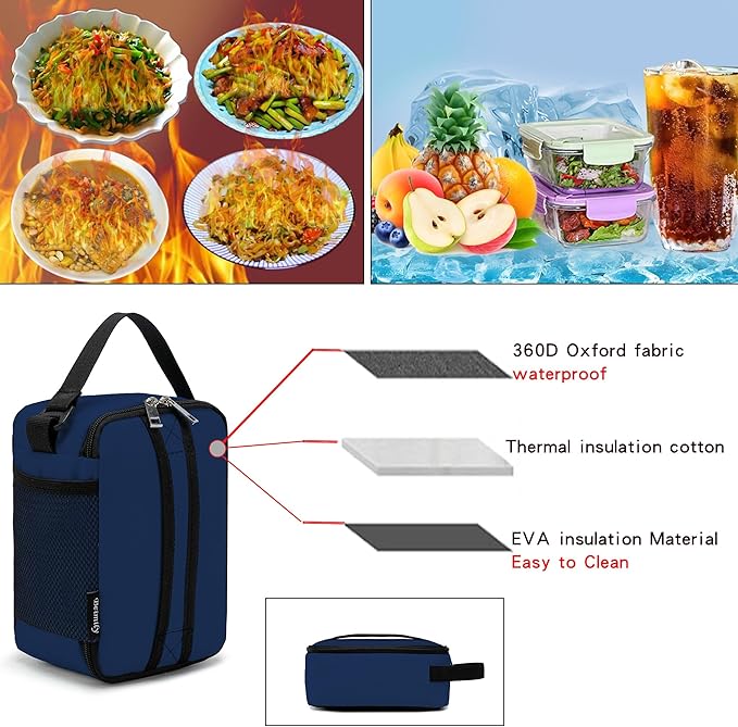 BEIMILY Mini Insulated Lunch Bag for Women Men,Portable Refrigerated Lunch Box,Soft Insulated Tote Cooler Bag for Work Camping Hiking Picnic with Comfort Handle and Removable Hand Strap,Dark Blue
