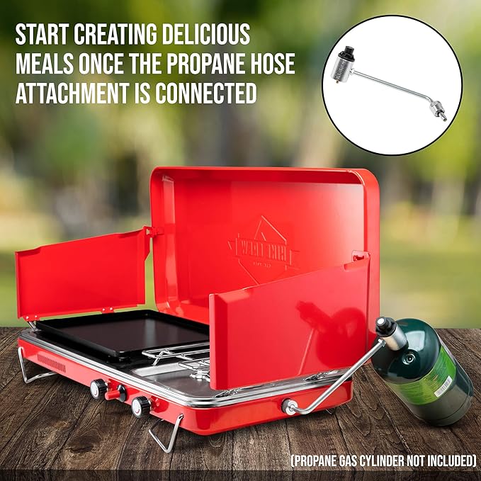 Hike Crew 2-in-1 Gas Camping Stove and Griddle, Portable Propane Burner w/Integrated Igniter & Stainless Drip Tray | Built-in Carrying Handle, Foldable Legs & Wind Panels | Includes Regulator