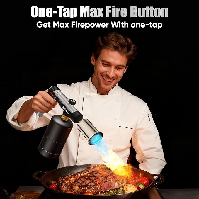 Propane Torch Gun with One-Touch Max Fire, Kitchen Blow Torch with a Safety Lock for Sous Vide Searing Steak, Grill, Charcoal Starter, Campfire(Propane Tank Not Included)