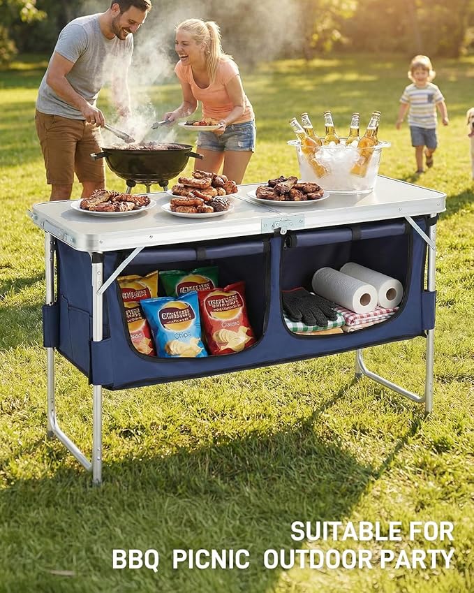 Outvita Folding Table, 4FT Aluminum Camping Table with Large Storage Space and Adjustable Height Picnic Table Lightweight for Carring Outdoor Party Events Beach