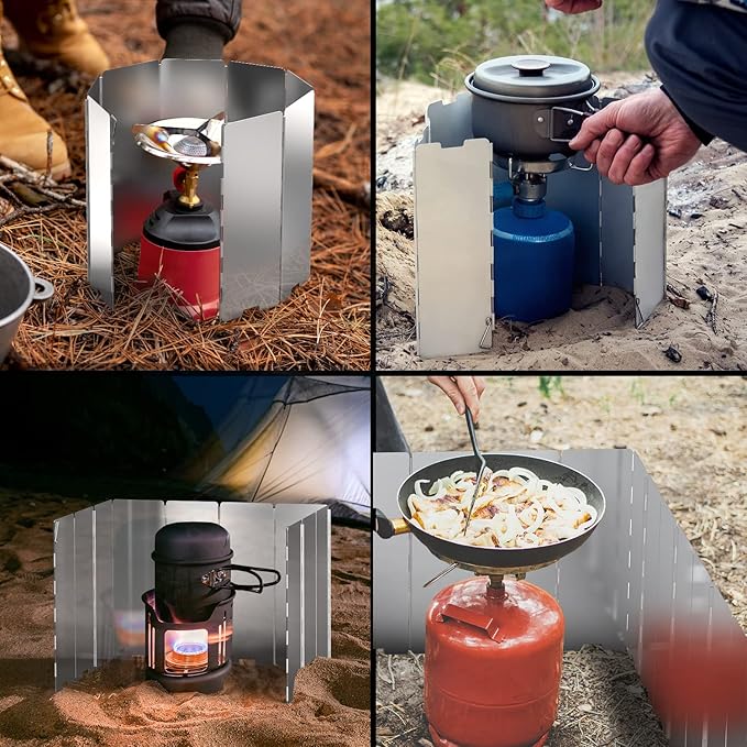 Camp Stove Windscreen, Ohuhu Camping Stove Windscreen 8/10/12 Plates Aluminum Folding Portable Camping Stove Windshield Grill Wind Screen for Camp with Carry Bag for Camping Hiking Picnic Backpacking