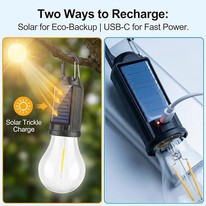 MODOAO 8-Pack Solar LED Camping Lantern, Rechargeable Outdoor Tent Light with Solar/USB Charging, 3 Mode Warm White, Waterproof & Clip Hook, for Camping, Hiking, Emergency, Christmas Decor