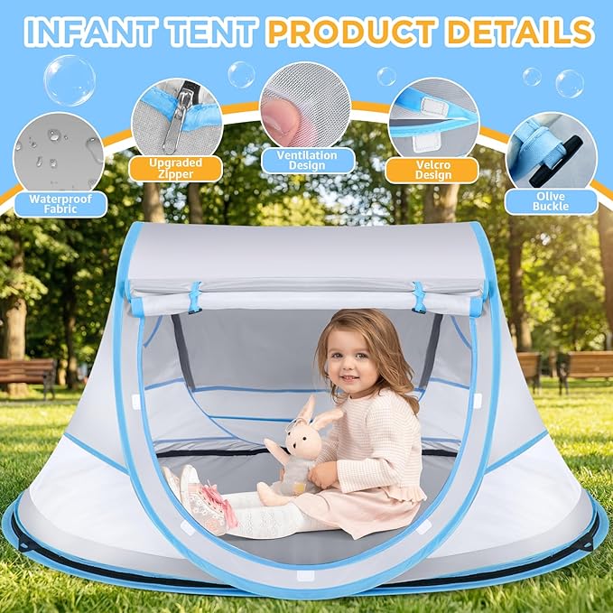 Baby Beach Tent, Pop Up Beach Tent Sun Shade for Beach, UPF 50+ UV Protection Sun Shelters for Infants with Carry Bag for Outdoor Travel, Camping(Gray)