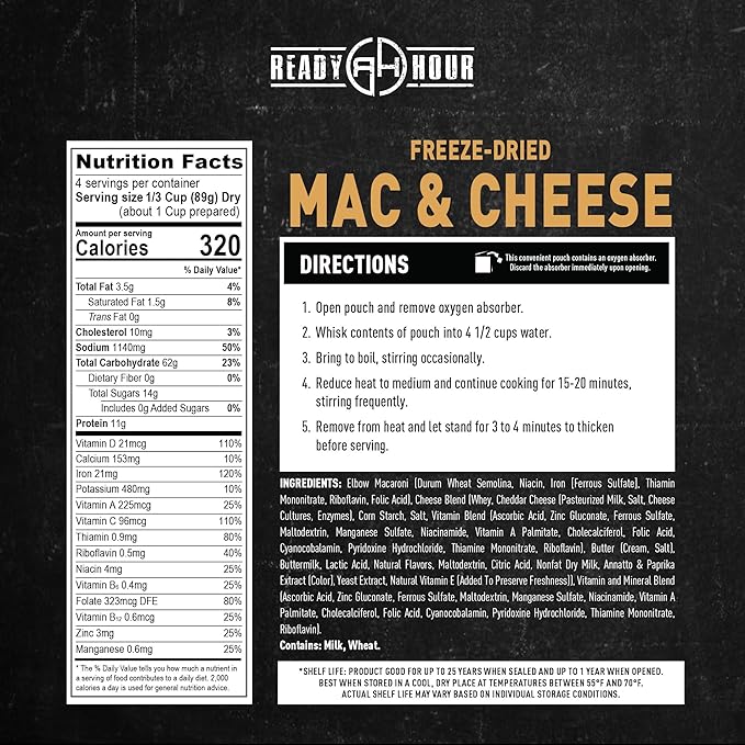 Ready Hour Mac and Cheese Case Pack (24 Servings), Freeze-Dried, Mac and Cheese Bulk, Survival Emergency and Real Non-Perishable Food, Long-Term Storage Food, 25-Year Shelf Life