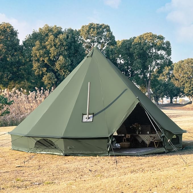 Cotton Canvas Bell Tent with Stove Jack, Roomy Yurt for Family Glamping Camping, 4 Season Tent with Zipped Removable Floor