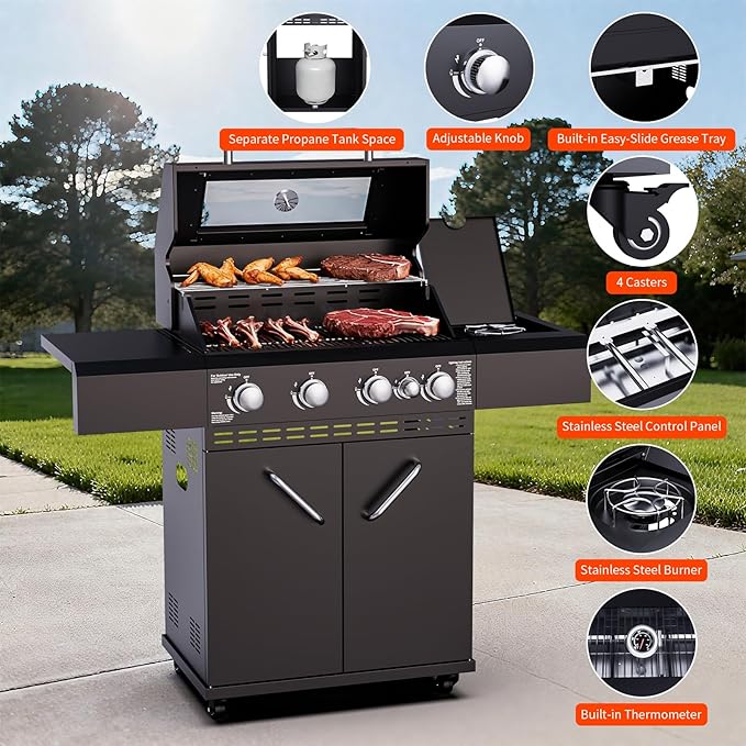 4 Burners Propane Gas Grill with Visual Glass, 50,000 BTU Propane Grill with Side Burner, Double-Layer Lid, Stainless Steel Grate,Outdoor Cook BBQ Grill for Patio, Camping, Backyard