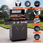 4 Burners Propane Gas Grill with Visual Glass, 50,000 BTU Propane Grill with Side Burner, Double-Layer Lid, Stainless Steel Grate,Outdoor Cook BBQ Grill for Patio, Camping, Backyard