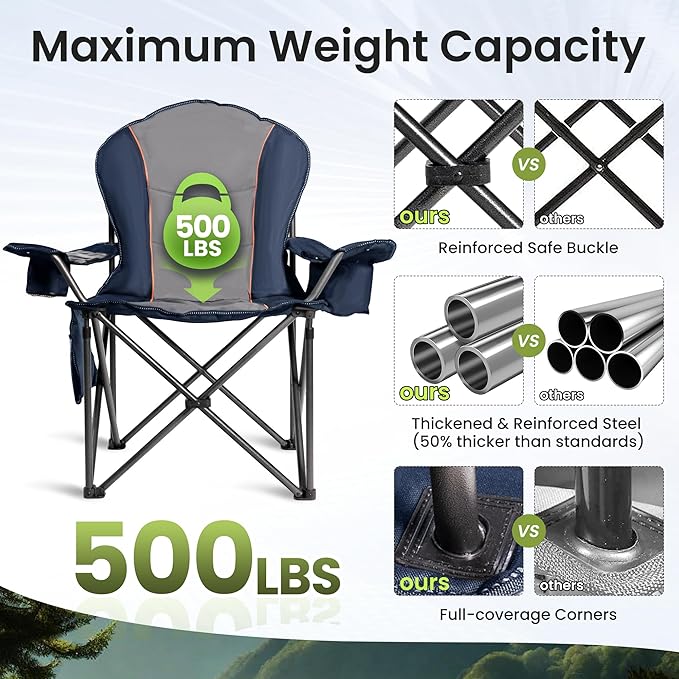 Folding Camping Chairs for Adults - High Back Padded Outdoor Lawn Chairs with Lumbar Support & Cup Holder (Blue & Gray, 1 Pack)