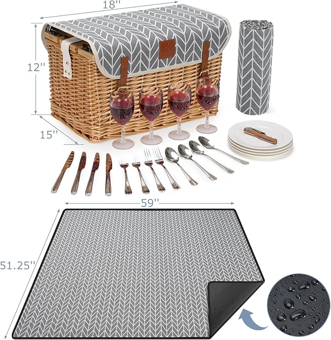 Luxury Picnic Basket, Wicker Picnic Basket Set for 4, Picnic Basket with Blanket & Portable Table for Camping and Outdoor Party - Gray