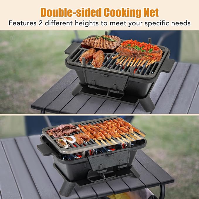 HAPPYGRILL Cast Iron Charcoal Grill, Portable Hibachi Grill w/Air Regulating Door & Fire Gate, Grate Lifter, Double-sided Japanese Stove for Outdoor Camping Backyard Barbecue Party