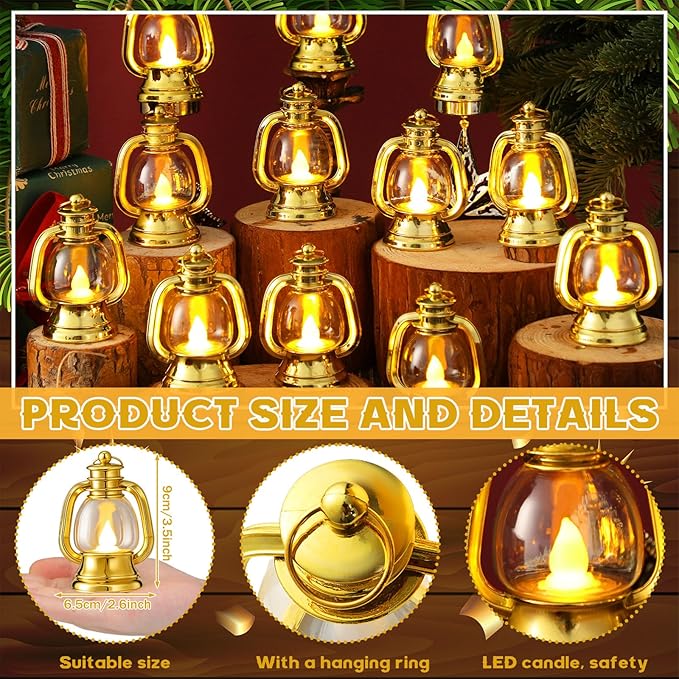 Ferraycle 12 Pcs Mini Lantern Decor 4 Inch Western Lantern Table Centerpiece Small Vintage Camping Hanging Lamp Ornaments Bulk for Cowboy Cowgirl Wedding Halloween Christmas (4 Inch,Gold)
