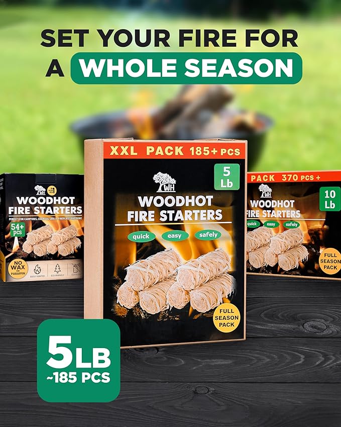 WH 185 pcs Natural Fire Starters for Indoor Fireplace - 5lb Large Box - Long-Burning Charcoal Starters - Odorless Firestarters for Wood Stove, Chimney, Campfires & Grill - Quick Ignite