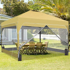 GDY 12x12FT Outdoor Pop Up Canopy Tent with One Push Setup, Easy Setup Gazebo with 4 PVC Transparent Sidewalls for Patio, Parties, Camping, Khaki