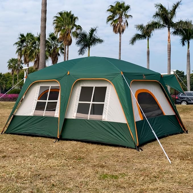 KTT Large Tent 6-8-10 Person,Family Cabin Tents,2 Rooms,2 Doors and 4 Windows with Mesh,Straight Wall,Waterproof,Double Layer,Big Tents for Outdoor,Picnic,Camping,Family Gathering