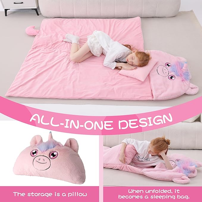 70" 4.2lbs Unicorn Thickened Kids Nap Mat for Preschool, Daycare,Kindergarten,Soft Washable for Boys and Girls, 2-in-1 Stuffed Animals Sleeping Bag and Pillow, Sleep Sack for Toddlers