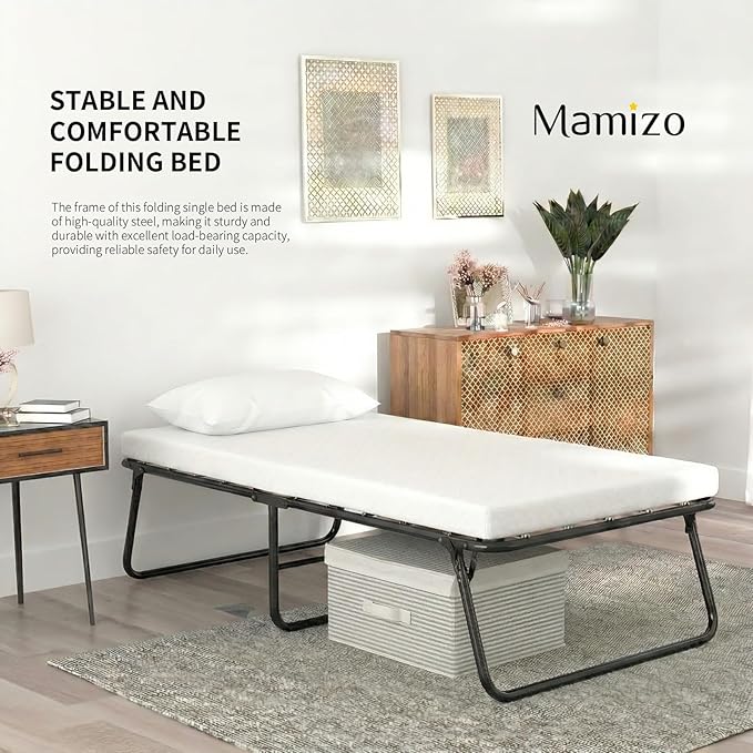 MAMIZO Folding Bed,Rollaway Bed with Mattress for Adults,Portable Bed,Metal Frame with Memory Foam Mattress,for Bedroom,Office,Camp,No Assembly Required,(75" x 31"x14")
