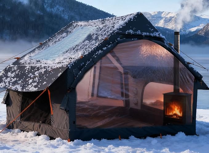 Inflatable Tents for Camping with Stove Jack, 2/4/6/8 Person Easy Setup Blow Up Tents for 4 Seasons Waterproof Inflatable Camping Tent with Awning, Air House Glamping Tents for Camping Adult