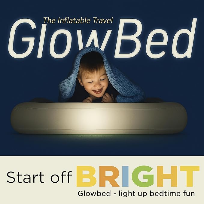 The Shrunks Inflatable Travel Bed with LED & Remote – Portable Kids Air Mattress for Travel, Camping & Sleepovers – Blow Up Bed with Glowing Halo Designed for Balance – Toddler Size