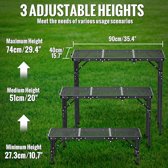 GARLLEN Folding Grill Table, 3-Height Adjustable Lightweight Grill Table with Heat-Resistant Tabletop, Portable Aluminum Camping Table for BBQ, Picnic, Cooking, 35.4" L x 15.7" W, Threaded Install