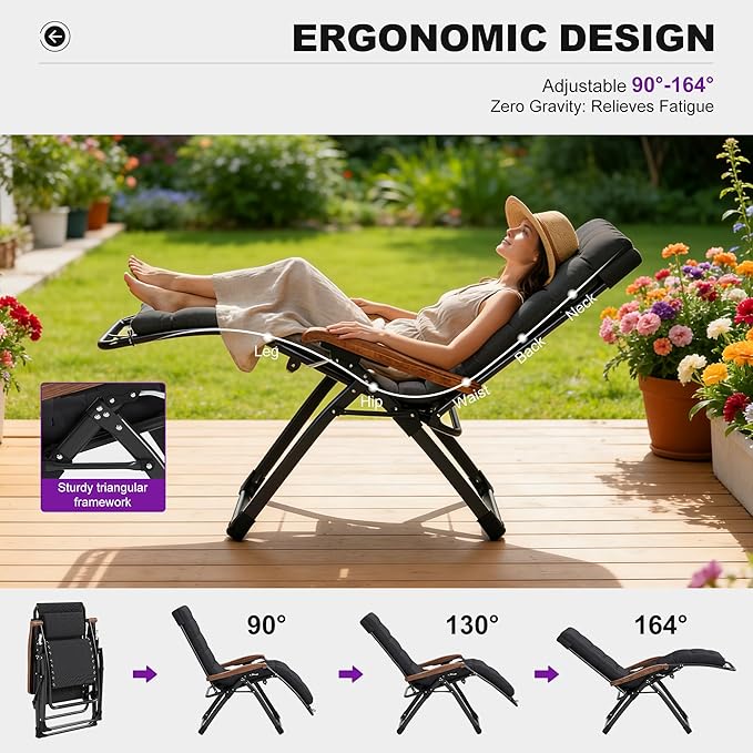 PURPLE LEAF Outdoor Reclining Chair Patio Zero Gravity Chaise Lounge Folding Chair with Removable Cushion Adjustable Headrest for Lawn Camping Beach Pool Black