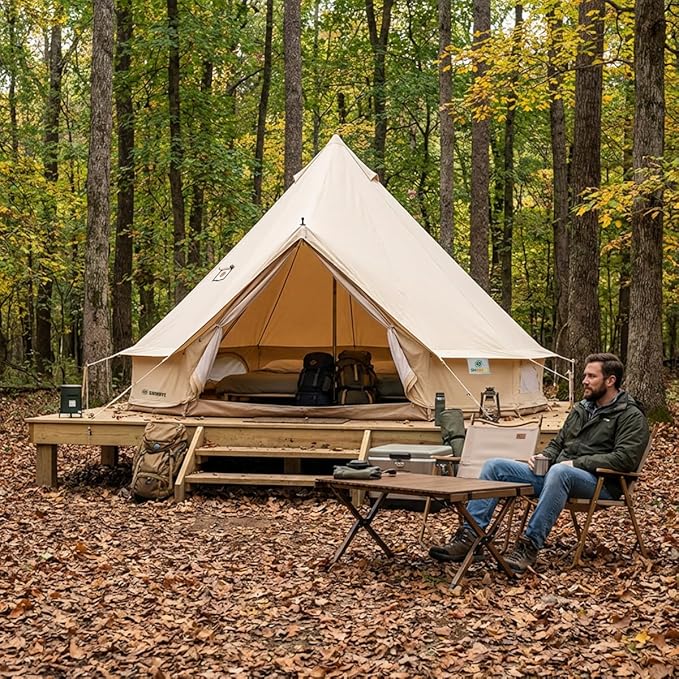 Canvas Bell Tent with Stove Jack, Glamping Yurt Tent for 360° Ventilated Mesh with Zipped Removable Floor, 4 Season Family House Hot Tents for All Year Living