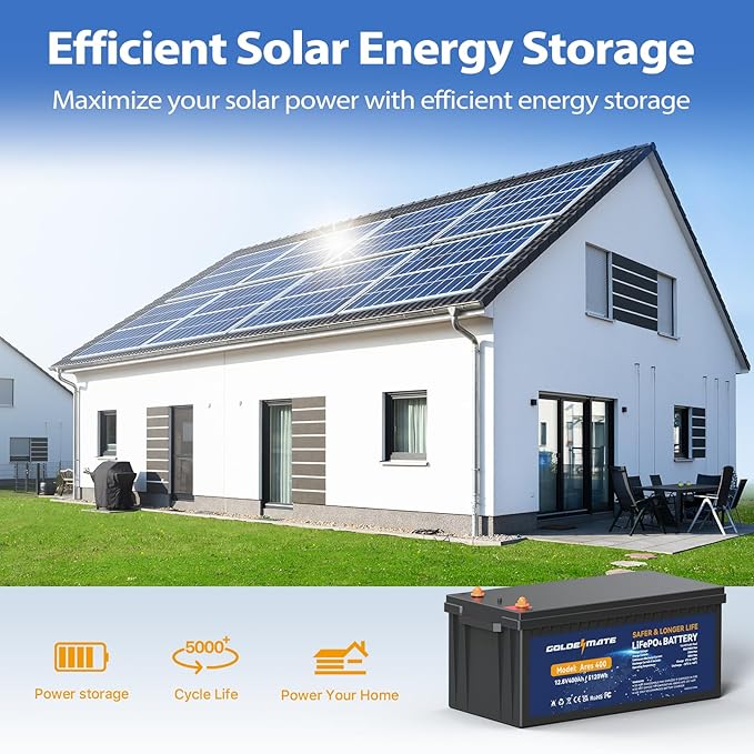 GOLDENMATE 12V 400Ah LiFePO4 Lithium Battery, 5000+ Deep Cycles with 10-Year Lifespan, 5120Wh Power, Built-in BMS, Ideal for RV, Solar System, Marine, Trolling Motor, Golf Cart, Off-Grid Applications