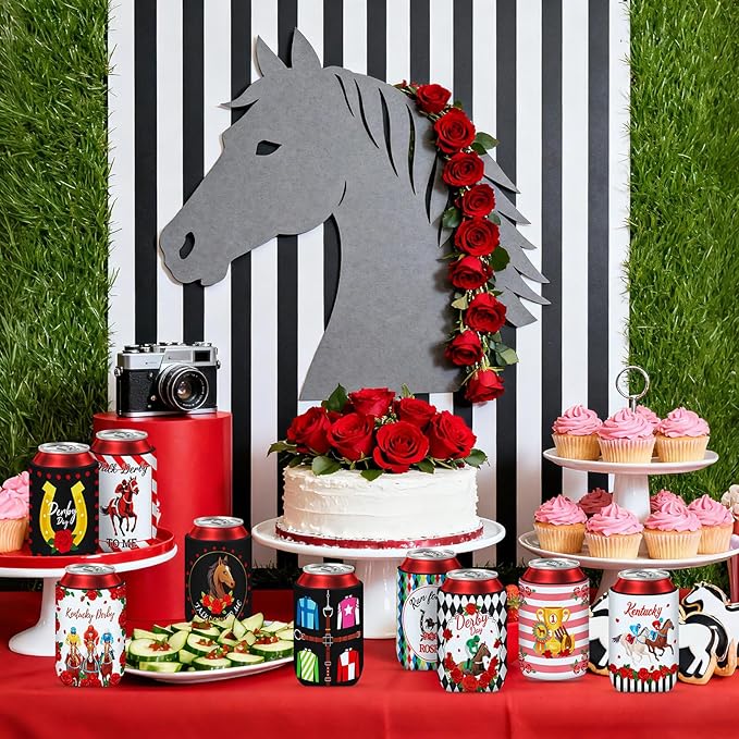 Kentucky Horse Derby Can Cooler Sleeves, 18-Pack Neoprene Derby Beverage Coolers Derby Party Supplies with 9 Unique Designs for Beverage Insulation Cup Decorations