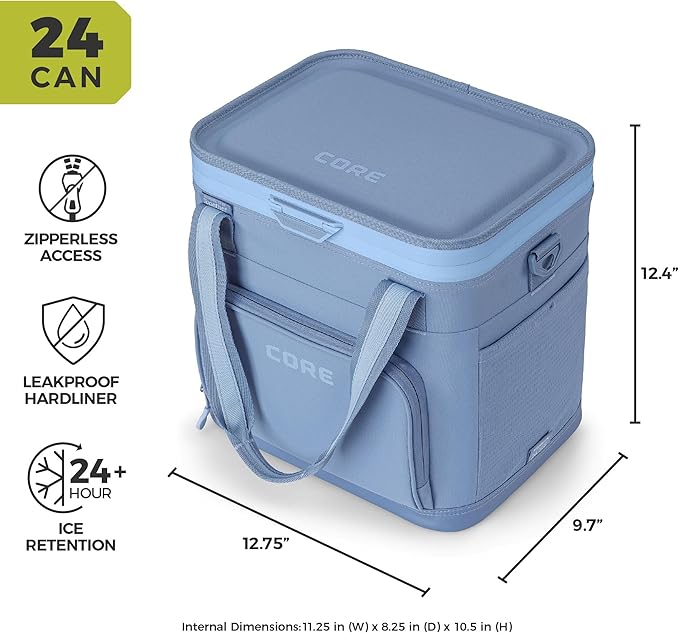 CORE Magnetic Zipperless 24 Can Soft Cooler | Insulated HardBody Liner Ice Chest Box | Best Portable Soft Cooler for Food & Beverages for Tailgating, Car Camping, and Family Beach Picnics