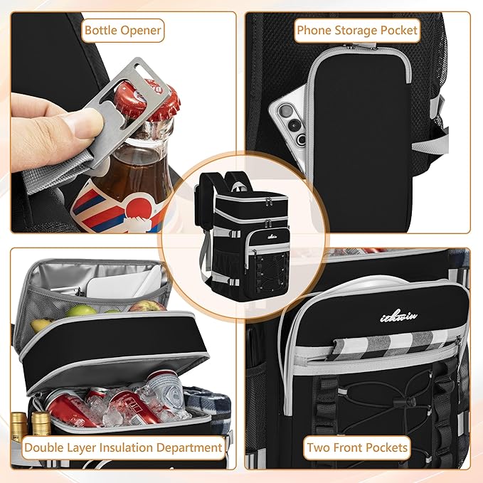 Cooler Backpack, 40 Cans Insulated Lunch Backpack Picnic Backpack for Men&Women, Durable Cooler Bag with 2 Leak Proof Compartments for Picnic, BBQ Camping, Lunch, Beach, Hiking, Black