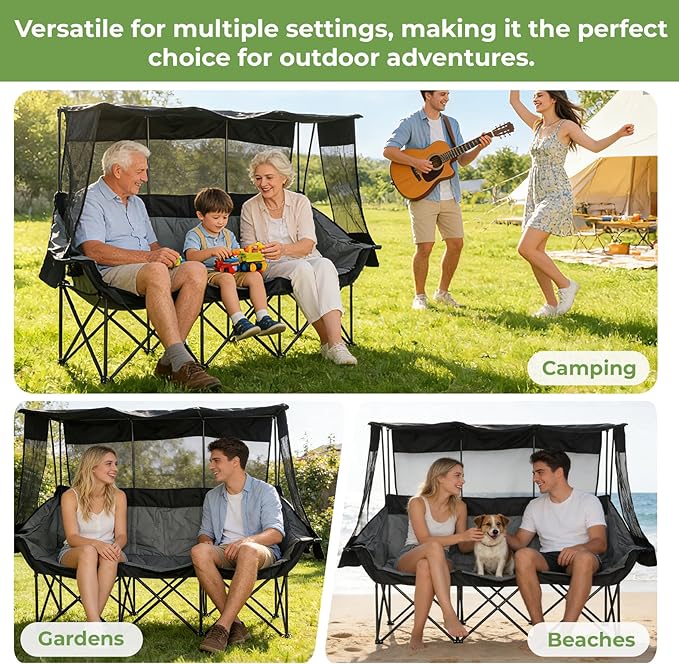 Oversized 3 Person Camping Chair with Canopy Shade Fully Padded Outdoor Folding Camping Chair Suitable For Outdoor Camping, Lawns, And Backyards Equipped With Cup Holders And A Portable Storage Bag