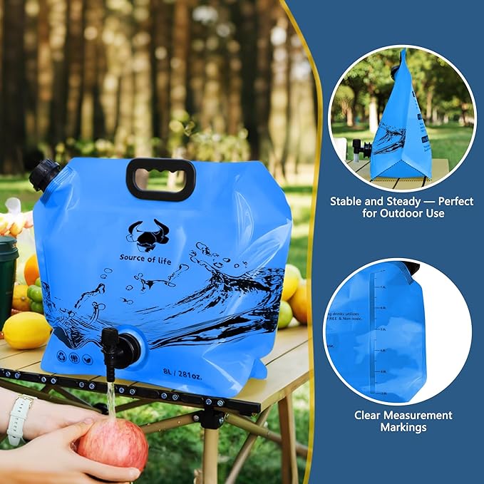Water Jug Camping 2.1 Gallon Collapsible with Spigot, BPA Free Portable Water Pouch Foldable Water Bags for Outdoor Hiking, Travel and Emergency & Water Storage Containers (Orange_Blue-2Pcs)