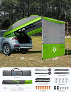 JOYTUTUS Versatile Vehicle Awning with 3 Removable Sides, Large Car Awning 11.5FT * 7.9FT, UV50+ and Waterproof PU2000mm Truck Canopy, SUV Camping Sunshade with 8 Storage Pockets,Gray Green