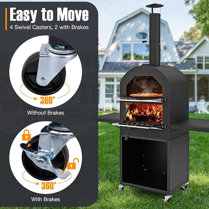 LDAILY Outdoor Pizza Oven, Wood Fired Pizza Maker with Side Shelves, Cooking Grids, Cover, Pizza Stone & Peel, Patio Portable Pizza Stove for Backyard, Camping & Party, Black