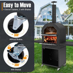 LDAILY Outdoor Pizza Oven, Wood Fired Pizza Maker with Side Shelves, Cooking Grids, Cover, Pizza Stone & Peel, Patio Portable Pizza Stove for Backyard, Camping & Party, Black