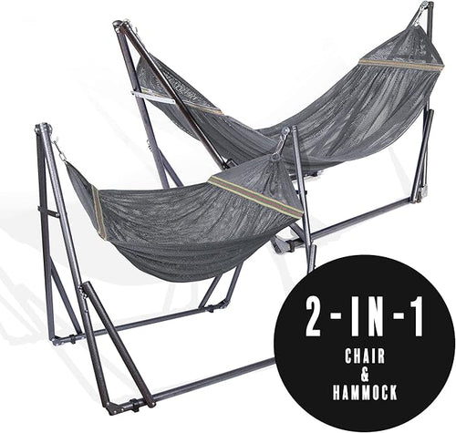 2 in 1 Hammock and Swinging Chair with Collapsible Steel Stand 450 lbs Capacity- Carrying Case, Portable & Adjustable, Perfect for Camping Beach Summer Patio, EZ Daze Foldable Hammock with Stand-Grey