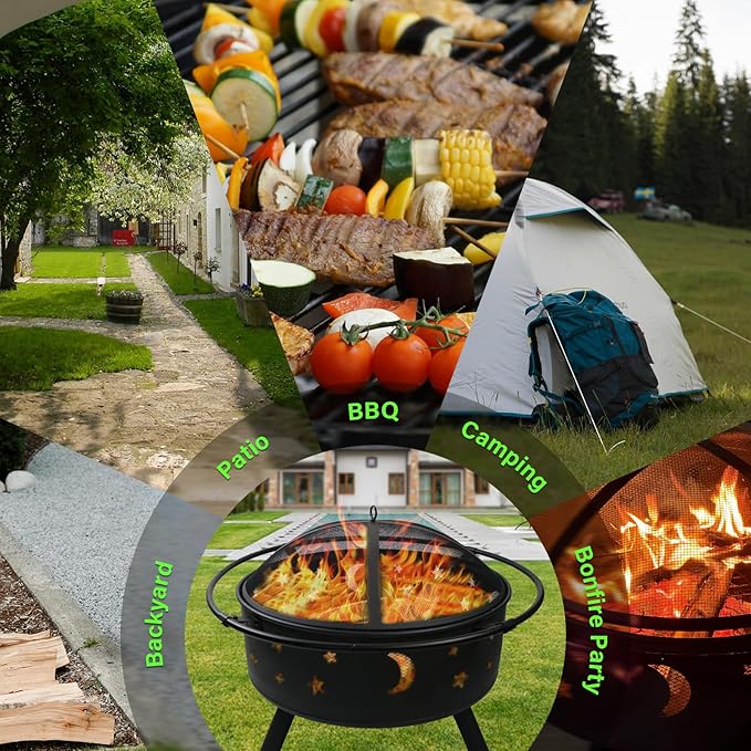32 Inch Fire Pit Outdoor Fireplace, 2 in 1 Metal Round Firepit for Outside Bonfire Party, BBQ, Camping, Backyard, Patio, Garden, Picnic w/Fire Poker, Spark Screen, Grate, Cover (Moon&Star)