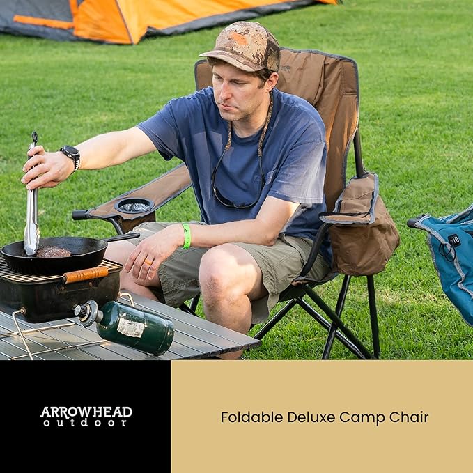ARROWHEAD OUTDOOR Deluxe Folding Camp Chair – 550lb Capacity Heavy-Duty Quad Chair with Integrated Cooler, Headrest, and Dual Cup Holders.