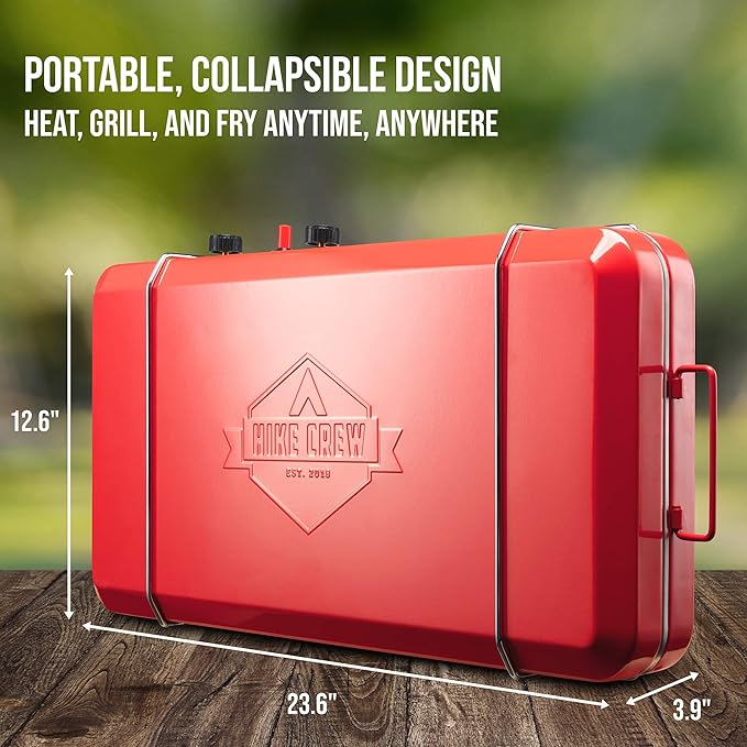 Hike Crew 2-in-1 Gas Camping Stove and Griddle, Portable Propane Burner w/Integrated Igniter & Stainless Drip Tray | Built-in Carrying Handle, Foldable Legs & Wind Panels | Includes Regulator