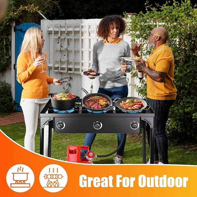 3 Burner Propane Gas Stove, 200,000 BTU Outdoor Camping Cooker with Removable Legs, 0-20 PSI Regulator & Hose, Heavy-Duty Cast Iron Stand for Backyard Cooking, BBQ, Frying & Boiling