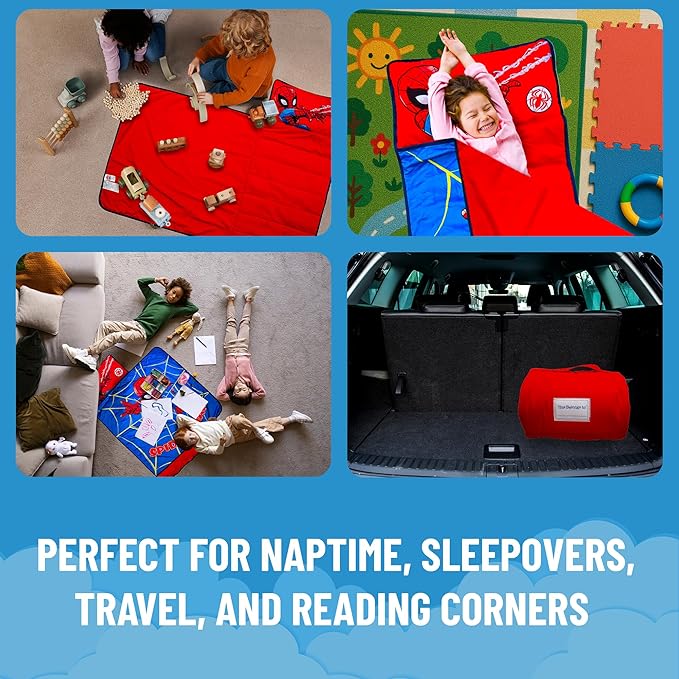 Jay Franco Kids Nap Mat with Embedded Pillow & Blanket – Soft 46"x20" Microfiber Sleeping Bag with Name Tag & Handle for School, Travel, Sleepover