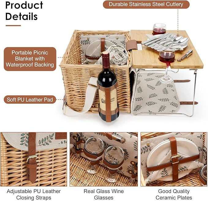 WILLOW WEAVE Picnic Basket with Table, Picnic Basket Set for 2, Willow Hamper with Wine Holder, Wicker Picnic Set with Blanket & Premium Tableware for Outdoor, Wedding, Anniversary, Birthday Gift
