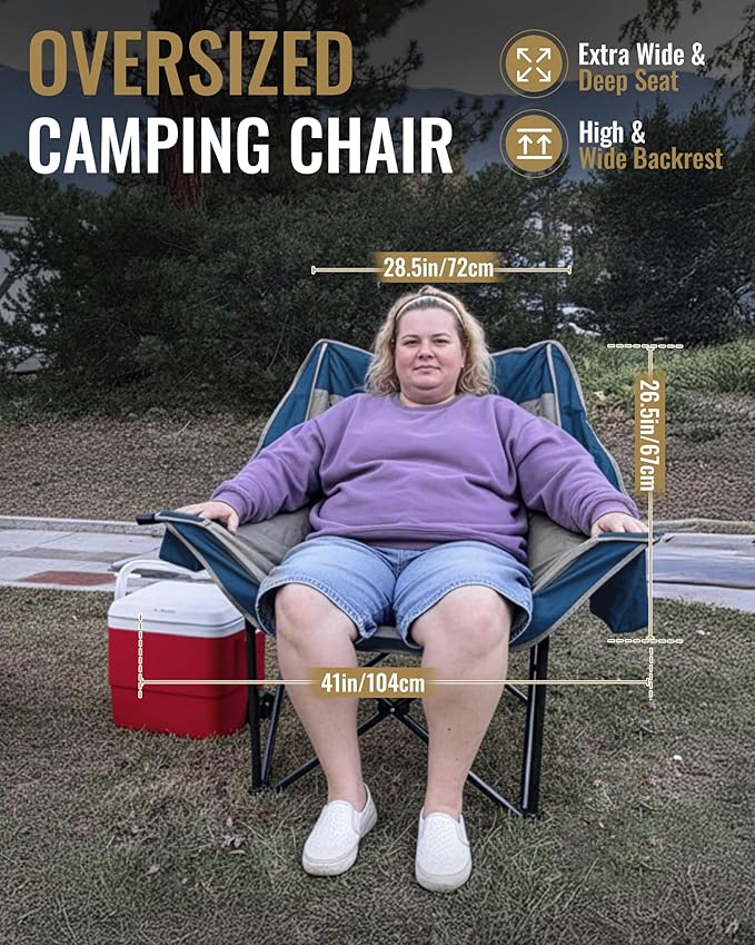 KingCamp Oversized XL Camping Chair, Heavy Duty 500lbs Folding Couch for Adults, Padded Large Comfortable Sofa Seat with Cooler Bag Cup Holder for Outdoor Sports Fishing Patio Lawn