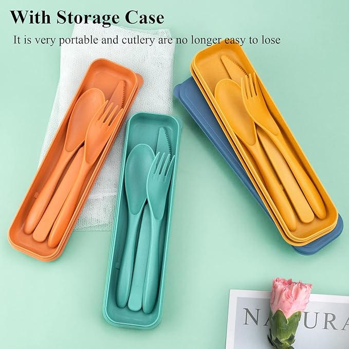 4 Sets Reusable Utensils Set with Case,Travel Utensils Cutlery Set Spoons and Forks Set, Reusable Plastic Utensils for Lunch Box Accessories for Adults, Portable Lunch Utensils Set for Daily