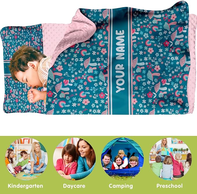 Personalized Toddler Nap Mat for Preschool, Custom Name Kids Sleeping Bag for Daycare, Kindergarten Roll Up Sleeping Mat with Removable Pillow and Soft Blanket, Fun Themes for Boys & Girls