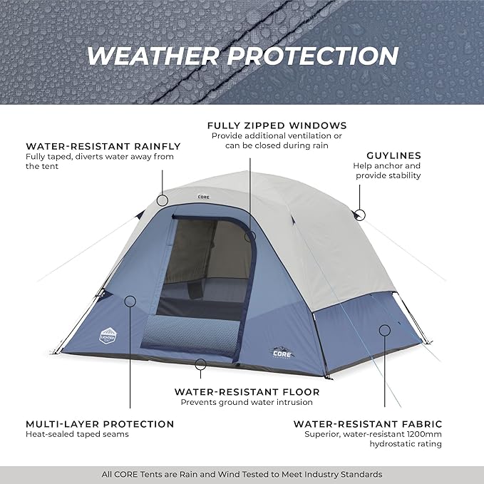 CORE 6 Person Lighted Dome Tent for Outdoor Family, Hiking, and Backpacking | Portable Dome Camp Tent with Storage Pockets for Camping Accessories