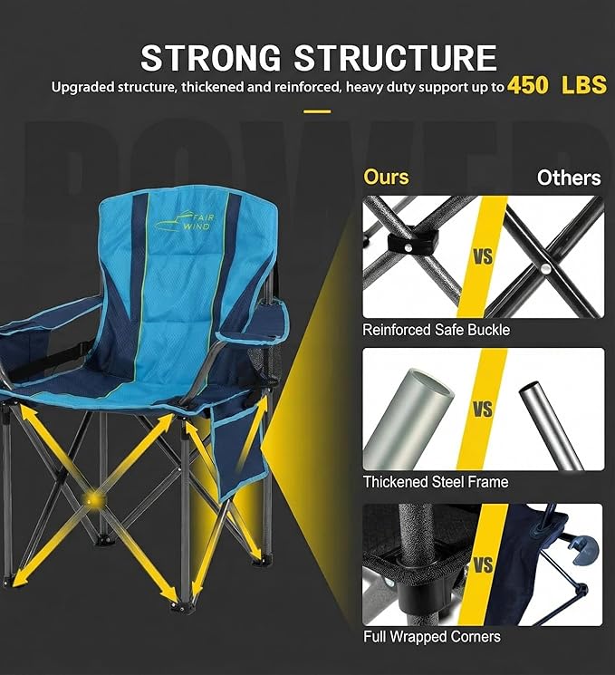 FAIR WIND Heavy Duty Camping Chair, Oversized Padded Folding Chair for Big and Tall (450lbs), Extra Wide Seat with Integrated Cooler & Storage Pocket, Adjustable Lumbar Support for Outdoor