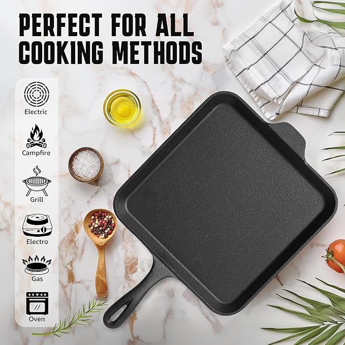 Cast Iron Square Griddle Pan 11 Inch - Pre-Seasoned Pan with Heat-Resistant Handle and Scraper for Stove Top, Campfire, Indoor, Outdoor Cooking, Oven-Safe Durable Cookware.
