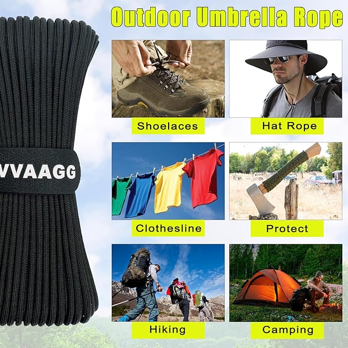 VVAAGG 1000 Paracord Rope 200FT Utility Parachute Cord 4mm 12 Strand Nylon Rope for Camping, Tent, Clothsline, Outdoor Hiking, Fishing (Black, 200FT)