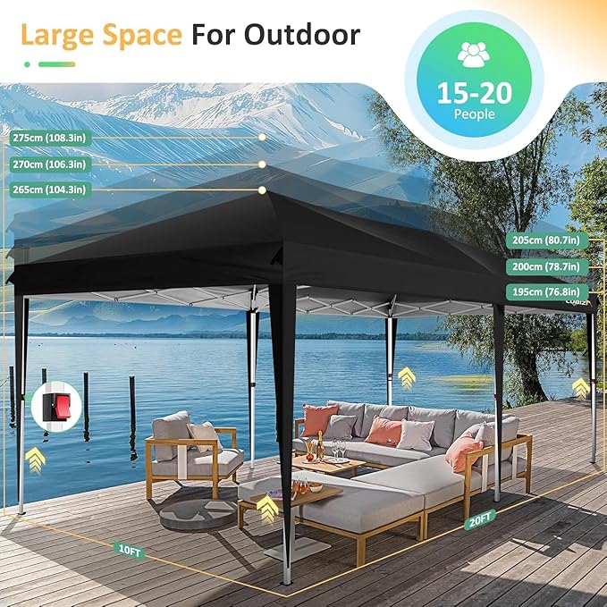 COBIZI 10x20 Pop up Canopy Tent Without Sidewall, Waterproof Portable Outdoor Canopy 10x20 Instant Shelter Tent for Parties, Wedding, Backyard, Carport with Carry Bag & 4 Sandbags(Black)