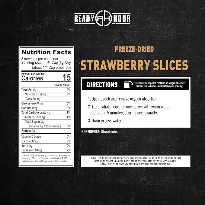 Ready Hour Sliced Strawberries Case Pack (32 Servings), Freeze-Dried Non-GMO Fruit, Survival and Camping Snacks, Healthy Emergency Shelf Stable Prepper Food